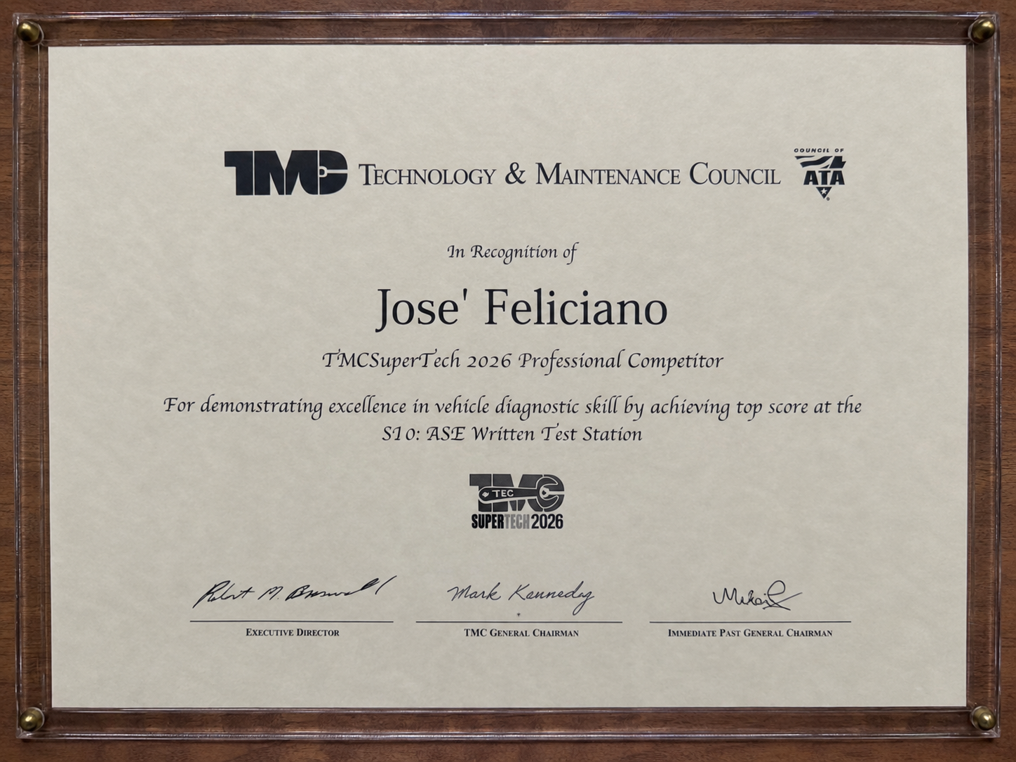 TMC certificate recognizing Jose Feliciano as a 2026 TMCSuperTech professional competitor and top scorer at the ASE Written Test Station